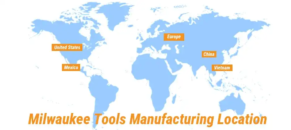 A world map highlighting Milwaukee Tool's manufacturing locations in the United States, Mexico, Europe, China, and Vietnam.